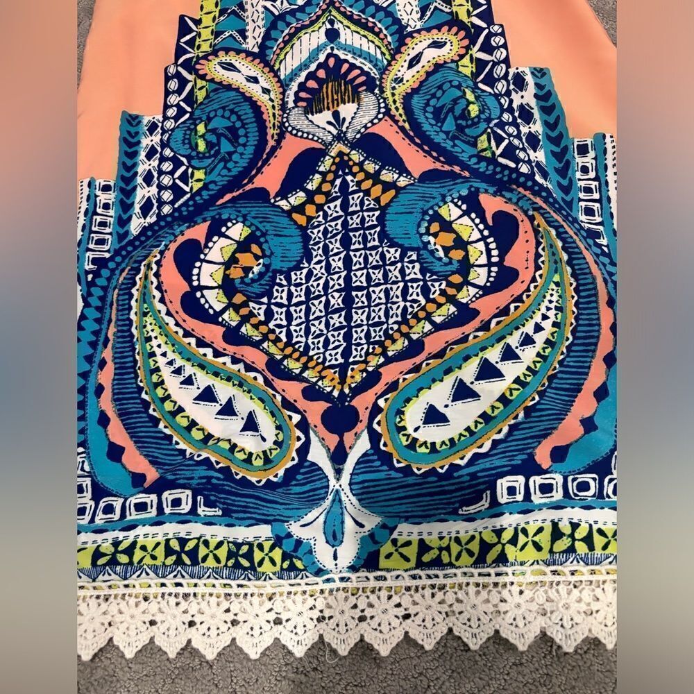 PINK OWL Sleeveless Peach/Navy Geo Shift Dress w/ Emb details Sz M EUC - Picture 6 of 11